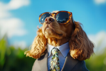 A businessman cat wearing sunglasses and a suit with a tie, sunny day