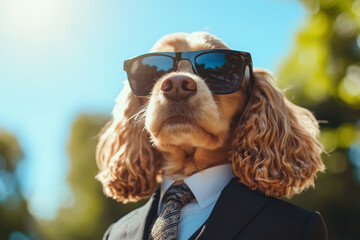 A businessman cat wearing sunglasses and a suit with a tie, sunny day