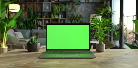 Fototapeta premium Laptop with Green Screen on Wooden Table Surrounded by Plants