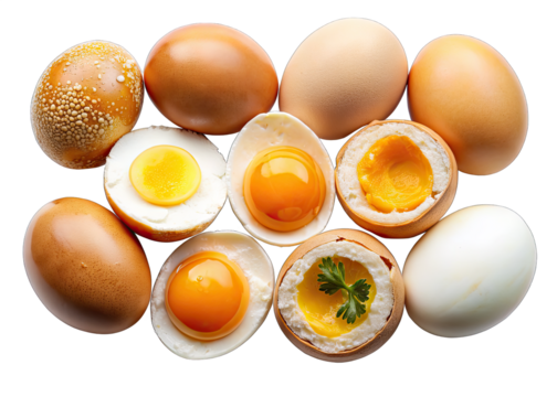A close-up shot of a collection of eggs prepared in various ways, including hard-boiled, soft-boiled, sunny-side up, and fried