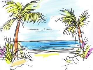 Obraz premium Hand-Drawn Coastal Beach Scene - Summer Vacation Concept Art Illustration