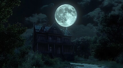 Fototapeta premium A full moon casting an eerie glow over a haunted house