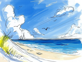 Hand-Drawn Coastal Beach Scene - Summer Vacation Concept Art Illustration