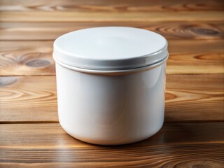 Photo image of a crisp white ceramic container with a clean label and a lid slightly ajar, resting on a wooden table.