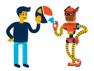 Man and robot make a pie chart together