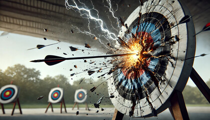 A highly realistic and dynamic image capturing the moment an arrow crashes into an archery target