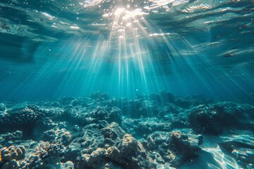 Obraz premium Sunlight filters through clear blue water over a vibrant coral reef, Sunlight filtering through clear blue water