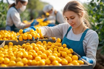 Obraz premium Woman Harvesting Ripe Yellow Fruit in a Crate
