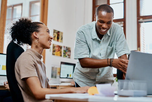 Training, laugh and team of business people on laptop for advice, help or feedback at creative startup. Smile, internship and coaching new employee on computer, learning or teaching writer funny joke