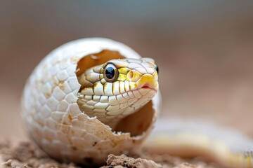 A newborn snake hatching from its eggshell, capturing the moment of new life and the beauty of nature's cycle.