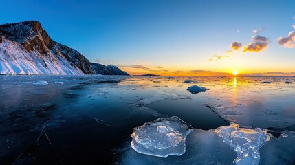 A mountain range covered in crystalline ice reflecting the sunrise