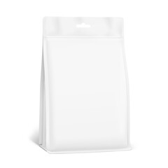 Vertical flat bottom gusset bag with hang hole mockup for food, sport nutrition, pet feed. Half side view. Vector illustration isolated on white background. Can be use for template your design. EPS10.