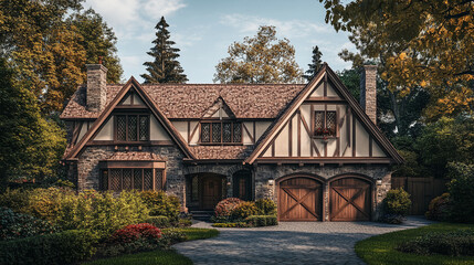 Charming Tudor-style home surrounded by lush landscaping in a serene neighborhood during a sunny afternoon