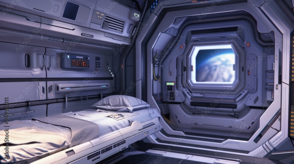 Canvas Prints Futuristic spaceship cabin interior with a bed and a window view of Earth.