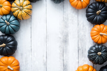 Rustic white wooden background with colorful pumpkins, autumn  frame