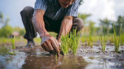 Hands Planting Seedlings in Moist Garden Soil During Spring
