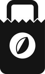Black paper bag with eco product icon showing leaf symbol in simple style for any design