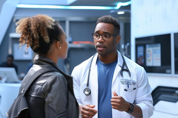 Doctor wearing stethoscope discussing with patient in modern medical office environment, highlighting medical consultation and professional interaction between healthcare provider and patient