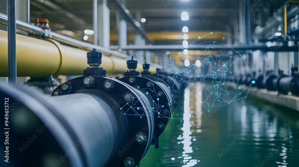 Poster a photograph of a modern waterworks system controlled by iot technology featuring pipelines sensors 