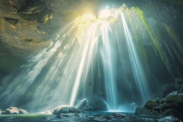 A large waterfall cascading in the middle of a lush green forest, with sunlight filtering through the mist, Sunlight filtering through the mist of a grand waterfall