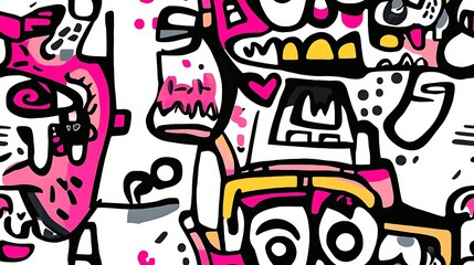 Abstract Colorful Doodle Art with Pink, Black, and Yellow