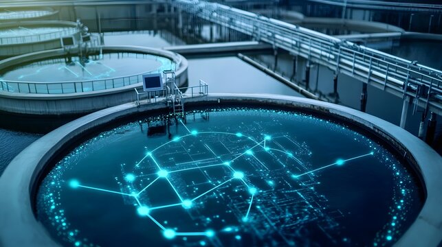 Photograph of an IoT enabled water treatment plant with advanced digital monitoring control and analytics systems for efficient and sustainable water processing and management