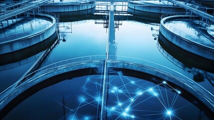 Aerial view of a smart water reservoir managed by advanced IoT technology featuring remote control systems digital sensors