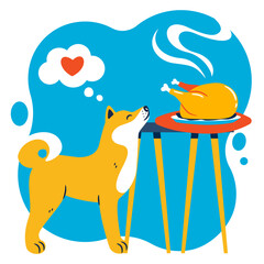 Dog sniffing a baked turkey