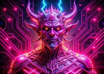 digital demon hellfire pulsing fluorescent pink glowing circuits