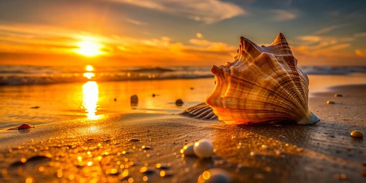 Golden hour silhouette of a solitary shell against a muted ocean backdrop with shrapnel fragments scattered around its weathered surface in intricate patterns.