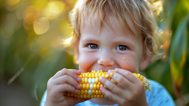 Close-up of a cute 3-year-old child eating yellow corn on the cob.