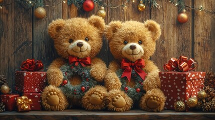 Christmas card with teddy bear, pacels on wooden background