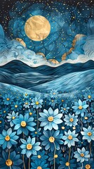 watercolor of blue flower field abstract illustration poster background