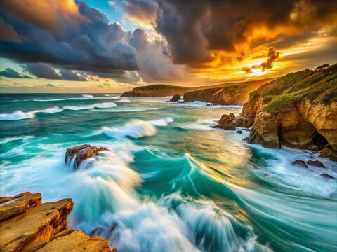 Dramatic slow-shutter capture of turquoise waves crashing against rugged coastline under stormy skies with misty veil and warm golden light at dawn