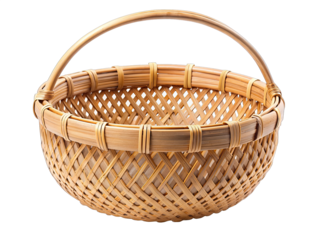 A woven bamboo basket with a single handle, isolated on a white background