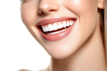 Fototapeta premium Beautiful young woman with healthy teeth on white background, closeup.