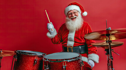 Santa Claus playing drums on red background. Christmas and New Year concept.
