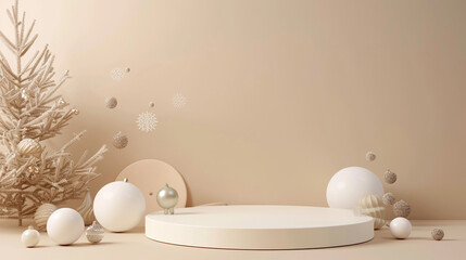Empty podium for displaying product with Christmas decoration in beige color. Christmas and new year themed with tree, ball, and gifts.