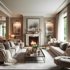 Fototapeta premium Elegant living room design featuring modern decor, warm lighting. living room furniture and interior.
