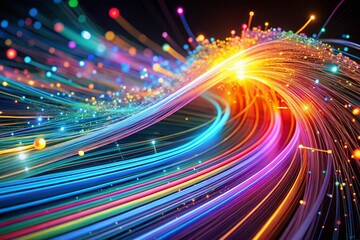 Futuristic digital data streams flowing on screen with fiber optic cables, vibrant neon colors, fast-paced dynamic motion, high-tech sophisticated feel.