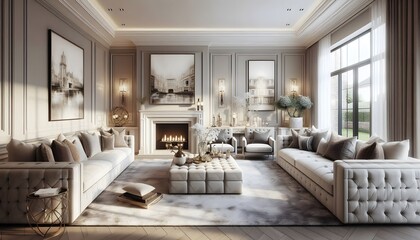 Elegant living room design featuring modern decor, warm lighting. living room furniture and interior.