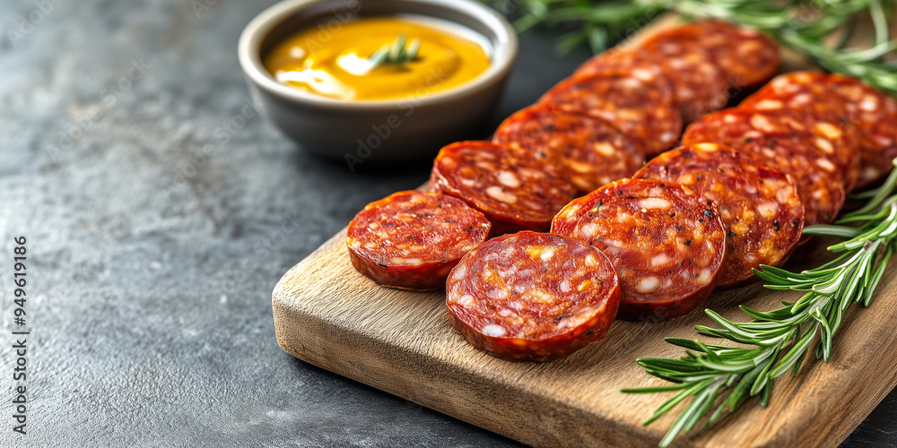 Wall mural sliced chorizo presented on a wooden board with a bowl of dipping sauce