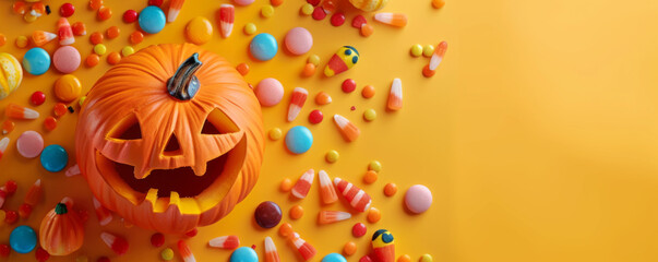 Halloween Pumpkin with Colorful Candy on Orange Background
