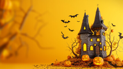 Spooky Haunted House with Bats and Pumpkins