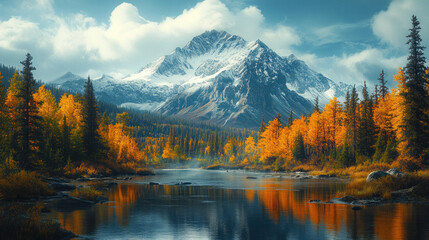 Fototapeta premium The rugged beauty of the Rocky Mountains, with snow-capped peaks and dense forests, capturing the wild and untamed spirit of America.