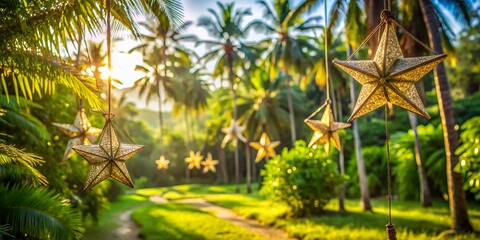 Obraz premium breezy tropical morning scene features delicate parol details against soft focus blurred lush greenery warm Philippine sun casting dappled shadows pure serenity