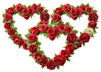 A close-up of a double heart wreath made from red roses and green leaves on a white background