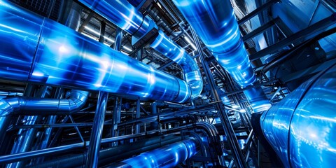 Industrial Piping Network in a Blue Lit Factory