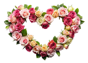 A heart shaped wreath formed by pink, white, and yellow roses