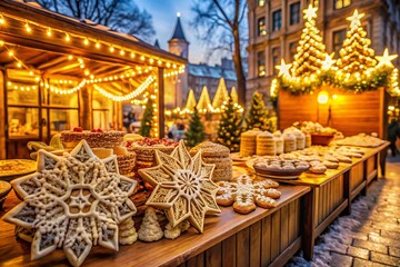 Fototapeta premium Budapest Christmas market festive snowflakes delicate lace-patterned cookies rustic wooden vendor stalls twinkling fairy lights warm candlelit glow nostalgic vintage filters